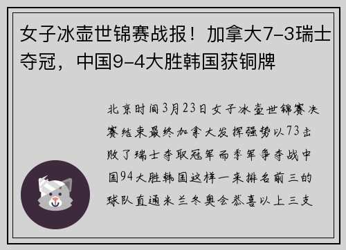 女子冰壶世锦赛战报！加拿大7-3瑞士夺冠，中国9-4大胜韩国获铜牌