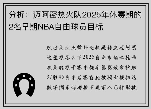 分析：迈阿密热火队2025年休赛期的2名早期NBA自由球员目标