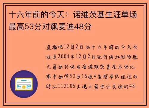 十六年前的今天：诺维茨基生涯单场最高53分对飙麦迪48分